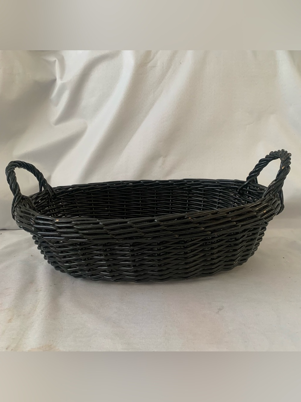 Vintage Wicker Basket Black Oval Woven Handled Storage Tray Cottagecore Farmhous
